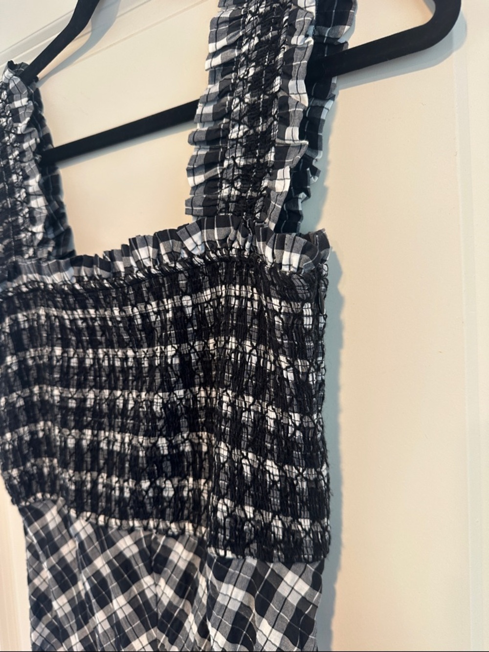 Ganni Black and White Plaid Smocked Strap Maxi Dress with Ruffle Hem - Picture 5 of 5
